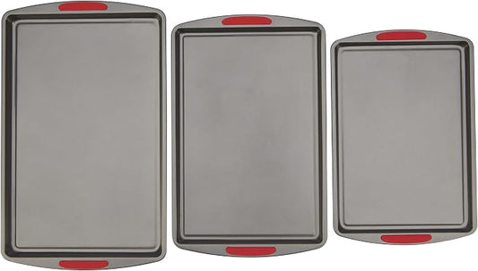 GoodCook MegaGrip Set of 3 Nonstick Steel Multipurpose Cookie Sheets with Silicone Grip Handles, Gray