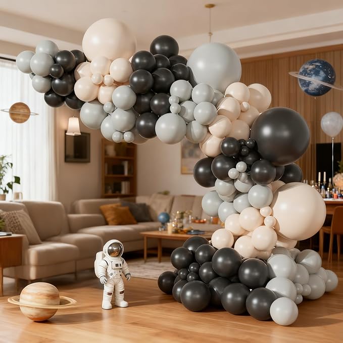 Space Balloons Garland Arch Kit,154pcs Black Gray and Cream Latex Balloons for Birthday Party Baby Shower Wedding Bridal Shower Graduation Outer Space Party Decorations
