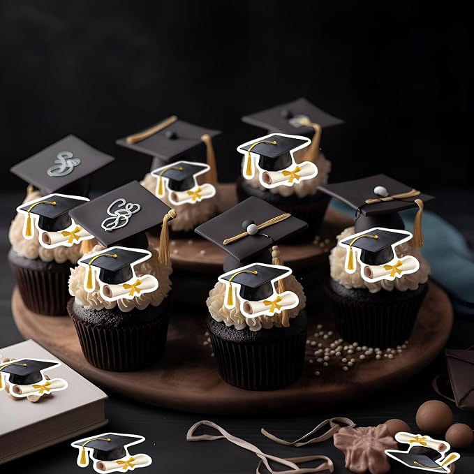 48pcs Edible Graduation Cap Cupcake Toppers Wafer Paper Gold Grad Cap Diploma Cake Decorations Edible Grad Cap Cupcake Picks for 2026 Graduation Theme Party Cake Decor Supplies