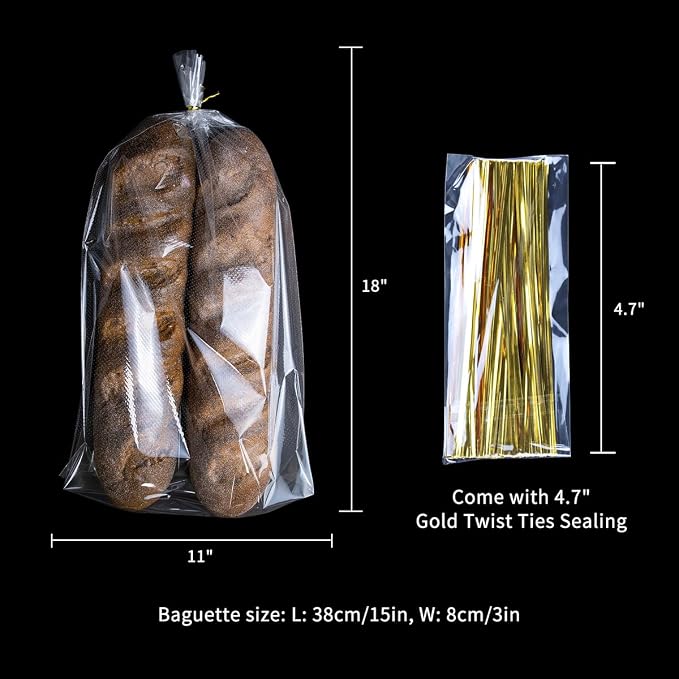 11 x 18 Inch French Bread Bags, 100 Clear Plastic Baugette Long Bags With Free Twist Ties - Mirco Perforated, Thickened, Freezer Safe, Disposable