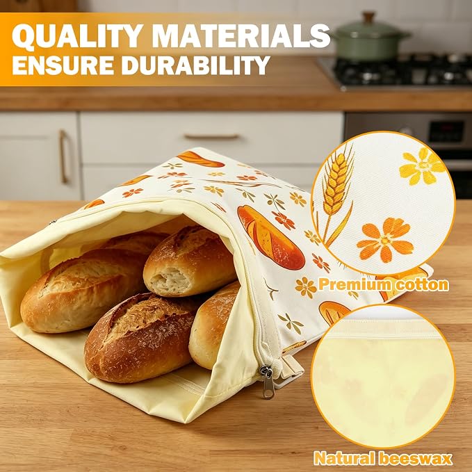 2 Pack Beeswax Bread Bags for Sourdough, 16.5x12.4 Inches Reusable Bread Storage Bags, with Zip And Velcro Fastenings Sealed for Freshness Freezer & Daily Use