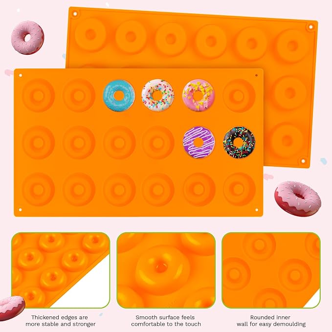2er Pack Silicone Donut Mold - Non-Stick Silicone Doughnut Pan DIY Chocolate Baking Cookie Molds, Heat Resistant, Make Donut Cake Biscuit Bagels, BPA Free Dishwasher Safe (orange, 18 Cavities)