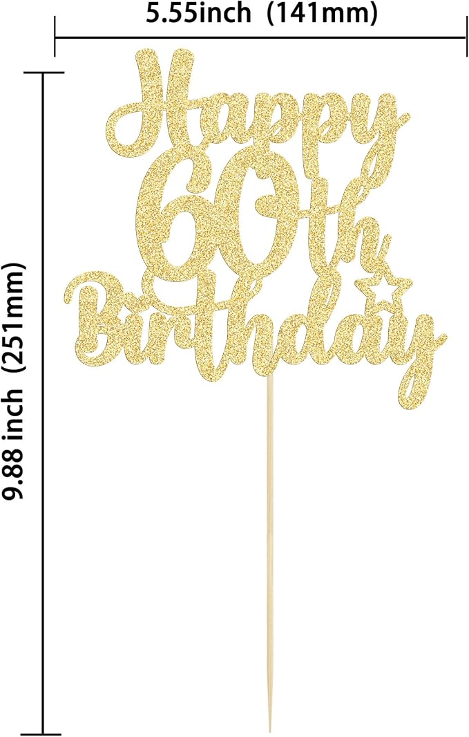 Gyufise 1Pc Happy 60th Birthday Cake Topper Glitter 60 & Cheers to 60 Years Old 60th Birthday Cake Pick for Celebrating 60th Birthday Anniversary Party Cake Decorations Supplies Gold