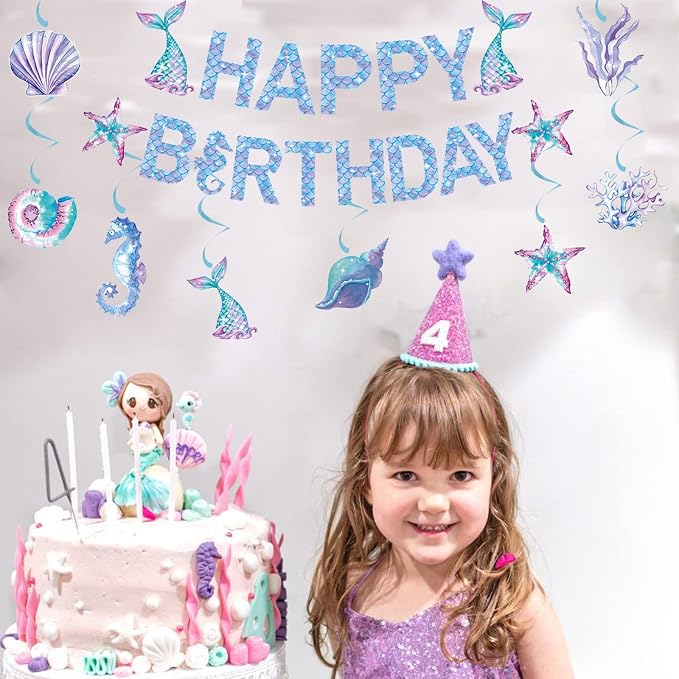 Zwiebeco Mermaid Happy Birthday Party Decoration Banner Bunting Garland Hanging Paper Swirls Kit for Kids Girls Under the Sea Theme Accessories Supplies
