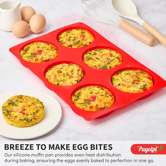 Puyeipt 4 Inch Silicone Egg Molds for Breakfast Sandwiches, 2 Pack Jumbo Muffin Top Pans Non-Stick Round Silicone Molds for Baking Egg Bites, Hamburger Buns, Patties, English Muffins