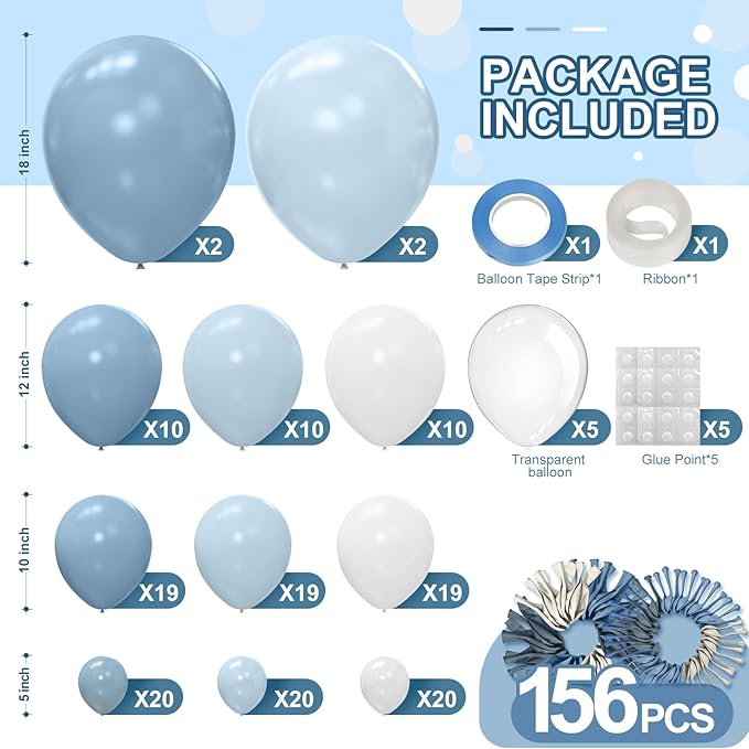 Dusty Blue Balloon Garland Arch Kit 156 Pcs Different Sizes 18 12 10 5 Inch Light Blue and White Macaron Latex Balloon Arch Kit for Birthday Baby Shower Gender Reveal Wedding Bridal Decorations
