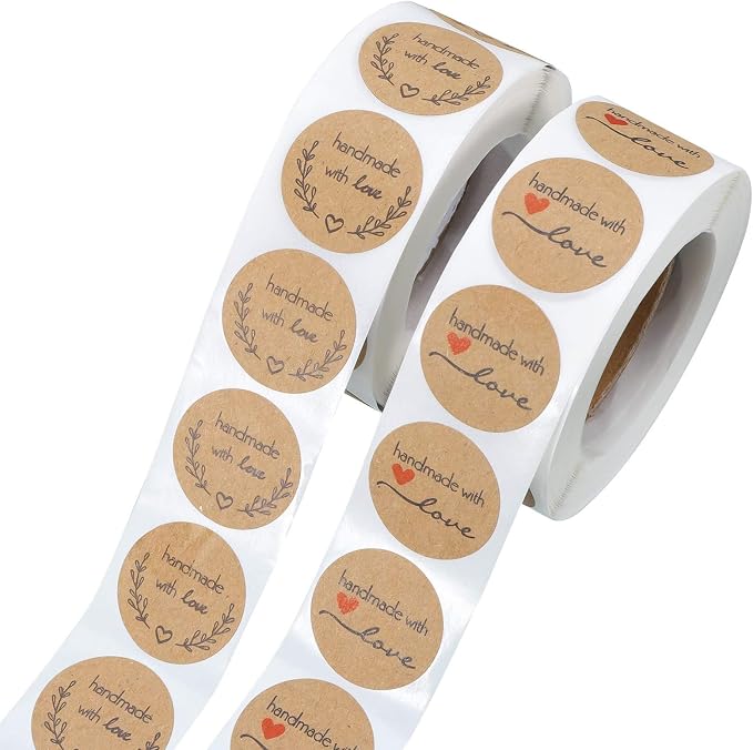 1000PCS Handmade with Love Stickers, Round Baking Kraft Sticker Stickers Self-Adhesive Label Home-Made Sticky Labels for Baking Gift Bags Birthday Christmas
