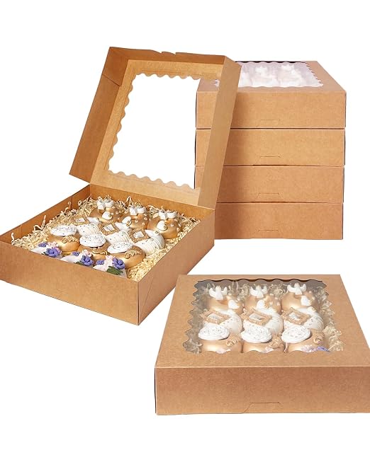 Bakepacker 10pcs Brown Pie Boxes 12x12x3 inches Easy Assemble Macaroon Cookie Boxes Bakery Boxes with Window for Bakery (Auto-pop Up)