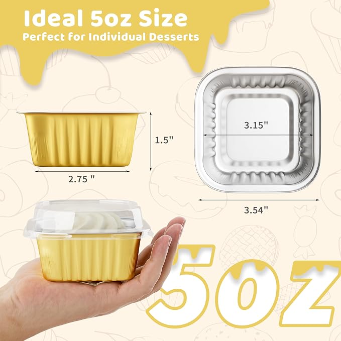 40 Pack 5 OZ Mini Cake Pans with Lids, Disposable Square Aluminum Foil Brownie Baking Cups, Mini Aluminum Foil Cupcake Muffin Tin Ramekins, Flan Molds Cake Containers for Wedding Birthday Party,Gold