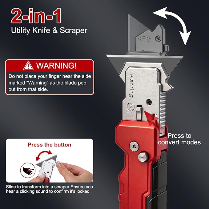KeFanta Utility Knife Scraper, 2-in-1 Folding Razor Blade Scraper tool with 10PCS SK5 Extra Blades for Home Office, Heavy Duty Zinc Alloy Body, Built-In Blade Storage