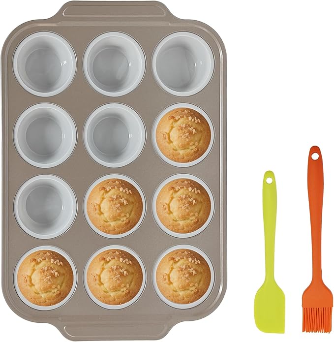 Silicone Muffin Baking Pan, 12 Cups, Grey | No Paper Liners Needed,Reinforced Metal Frame,Non-Stick Easy Release,Oven & Dishwasher Safe, BPA Free