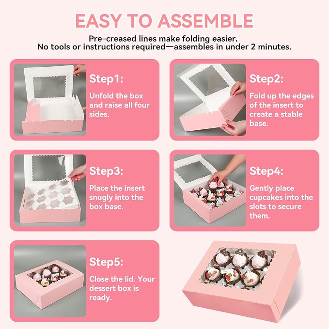 3-Set Cupcake Boxes Bulk with Clear Display Window Hold 12 Standard Cupcakes, Disposable Food Grade Pink Cupcake Carrier Cupcake Container, Perfect for Cupcakes Muffins Cookies Pastries