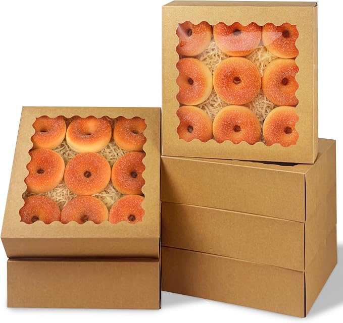 qiqee 9x9x2.5 Inch Brown Pie Boxes with Window 12Packs Cookie Donut Bakery Box (Auto-pop Up)