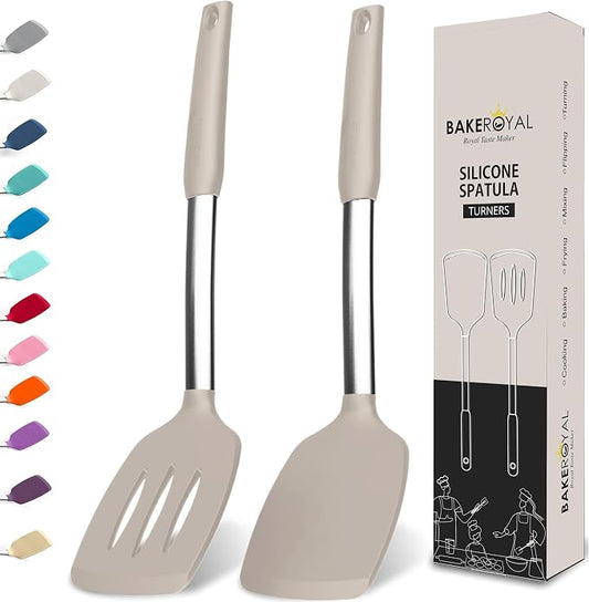 BakeRoyal Silicone Spatula Set - Turner Spatulas Silicone Heat Resistant 600°F - Slotted & Solid Spatula for Cooking Fish, Eggs, Pancakes Flipper – Spatulas for kitchen use – Mist