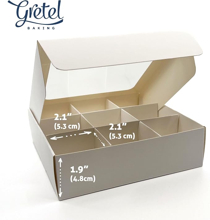 20pcs White Treat Boxes with Window and Dividers | 9 SMALL compartments | 6.5 x 6.5x 1.9 in | Chocolate-covered strawberries supplies, macaron boxes, baked goods packaging