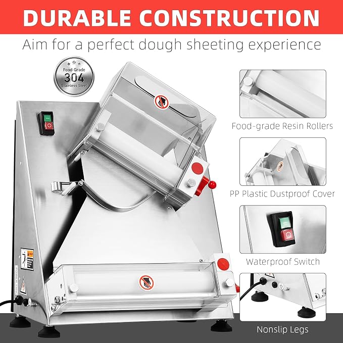Commercial Pizza Dough Roller Sheeter, Max 12", CHEINAUTO Automatic 370W Electric Pizza Dough Roller, Stainless Steel, Suitable for Noodle, Pizza Bread and Pasta Maker Equipment