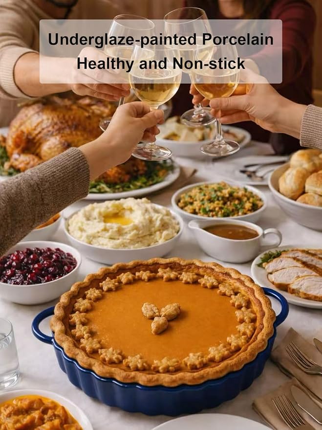 10×2in Deep Ceramic Pie Pan with Handles for Pie Quiche Tart Baking. Easy to grip, Lead-Free. Casserole Lasagna Dish for Thanksgiving Christmas Gift. Oven Microwave Dishwasher Safe. Blue