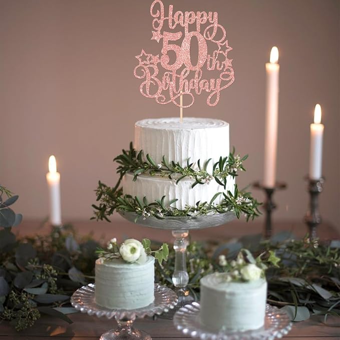 1 PCS Happy 50th Birthday Cake Topper Glitter Cheers to 50 Years Birthday Cake Pick Hello 50 Fabulous Cake Decoration for Happy 50th Birthday Anniversary Party Decorations Supplies Rose Gold