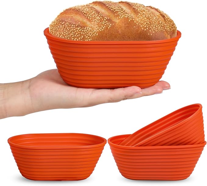 Webake 6 Inch Silicone Oval Small Banneton Basket, Mini Banneton Bread Proofing Basket for Sourdough Bread Soup Bowls, 4Pcs