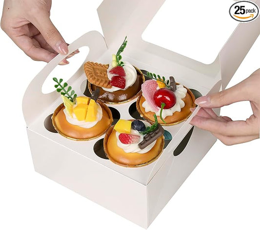 25 White Cupcake Boxes, 4 Count Cupcake Containers with Window and Inserts, 6.3×6.3×3 Inches Cupcake Holders for Cupcakes, Muffins, Cookies, Desserts, Pastries