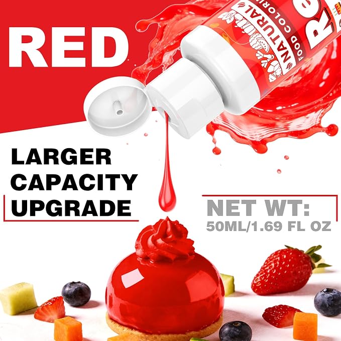 Red Natural Food Coloring - 50ml Plant Based Food Dye, No FD&C & Artificial Dyes, Gluten-Free, Food-Grade, Vibrant Liquid Colors for Icing, Baking, Cake Decorating, Frosting, Fondant, Slime - 1.69 Fl.Oz Bottles