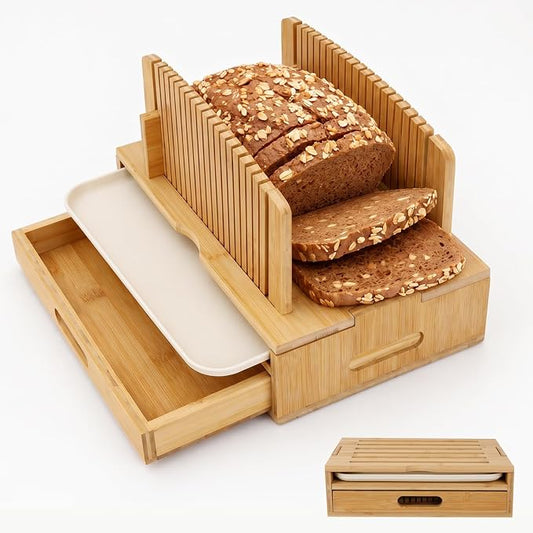 Bread Slicer for Homemade Bread，Bread Slicing Guide Adjustable Width，Foldable and Compact Cutting Guide with Crumb Tray, Suitability for Homemade Bread, Bagels，Compact Loaf Cutter for Perfect Slices