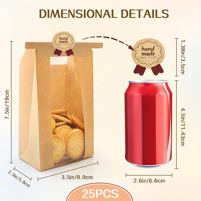 WIKDAY Bakery Bags with Window 25PCS Paper Cookie Bags Tin Tie Tab Lock Small Pastry Bags for Baked Goods Gift Giving Snack Treat Desert Packaging Storage Includes Label Seal Stickers 3.5x2.3x7.5in