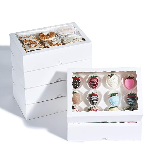 12PCS 10 x 7 x 2.5 inches Premium Fancy White Strawberry Boxes, Cookie Boxes, Elegant White Bakery Box with Display Window