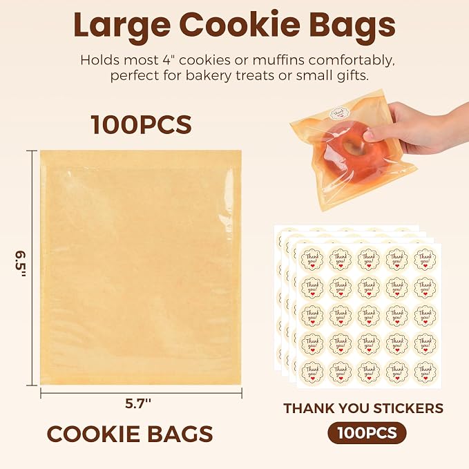100Pcs Cookie Bags with Seal, Premium Cookie Packaging Bag with Clear Window, Heat Seal Bakery Bags for Baked Goods, Cake Slice, Donut, Pastry and Treat by SFIUYLB