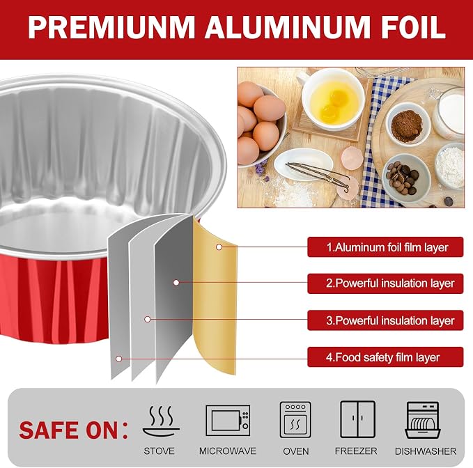 200 Pack Aluminum Foil Cupcake Liners with Lids, 5 oz Round Baking Cup, Disposable Ramekin Container for Graduation Wedding Independence Day Party(Red,Plain)