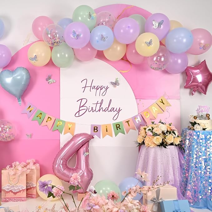 4th Pastel Birthday Party Decorations for Girls Number 4 Balloon Happy Birthday Banner Butterfly Stickers Star Heart Foil Balloons for 4 Year Old Easter Party Decor