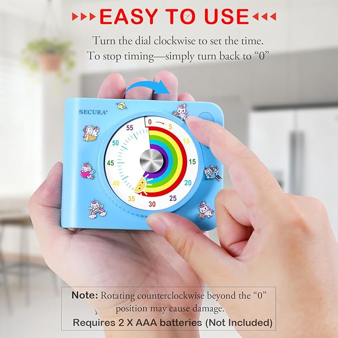 Secura Rainbow Visual Timer for Kids, 60-Minute Countdown Timer | ADHD Timer for Time Management, No Ticking for Focus, Mute & Beep Alert Modes, Pause function, Magnetic Backing, Stand (Blue)