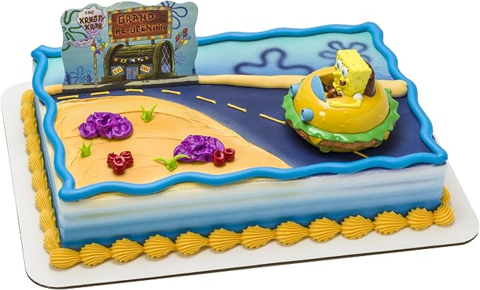 DecoSet® SpongeBob Square Pants Krabby Patty Cake Topper, 2-Piece Birthday Party Set with Rolling Car Figure for Fun After the Party, 3"H x 4.25"W