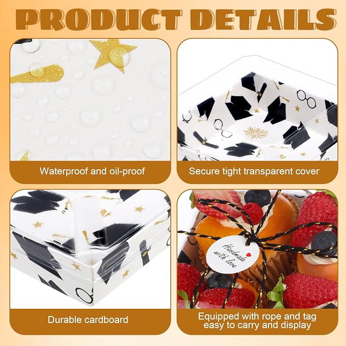 Outus 100 Pack Graduation Party Treat Box Charcuterie Boxes with Clear Lids, 5.7 x 5.1 '' Paper Food Containers White Take out Bakery Boxes Gift Tags Rope for Desserts Graduation Party Supplies