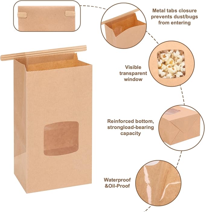 Moretoes 100pcs Small Bakery Cookie Bags with Window, Brown Kraft Paper Bags for Homemade Bread Cookie, 3.5x2.2x6.7in Tin Tie Tab