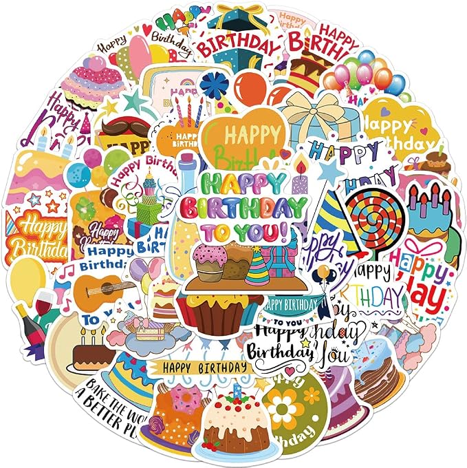 Cute Happy Birthday Stickers for Kids Teens Adults Girls, 50Pcs Kawaii Funimost Vinyl Waterproof Stickers Pack for Water Bottle Laptop Scrapbook, Birthday Gift Decals, Party Supplies