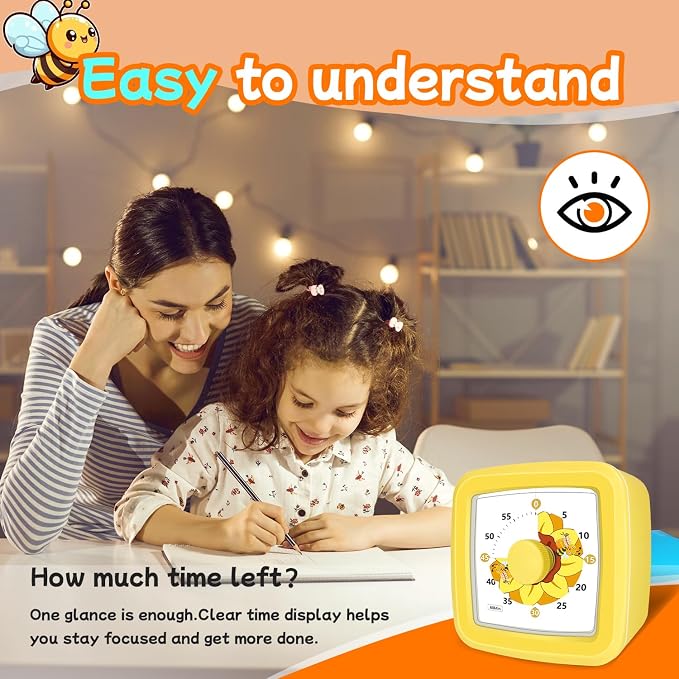 Kids Visual Timer 60 Minute – Countdown Visual Timer for Kids, Kitchen Timer for Cooking Classroom, Silent Mini Timer with Sunflower Cute Bee Pattern, Gift for Special Needs Adult Focus,Yellow