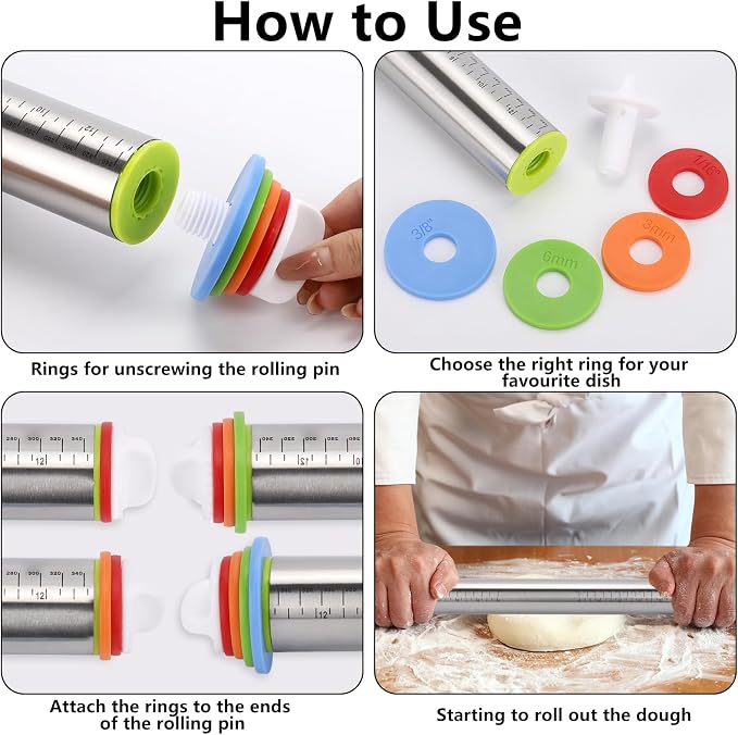 2 Pack Rolling Pin with a Silicone Baking Pastry Mat, Adjustable Rolling Pin with Thickness Rings, 17" Dough Roller for Baking Pizza, Pastry and Cookies, Kitchen Essential