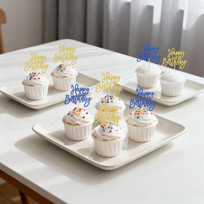 24 PCS Happy Birthday Cupcake Toppers Glitter Happy Birthday Cupcake Picks for Celebrating Anniversary Theme Party Cake Decorations Supplies Blue Gold