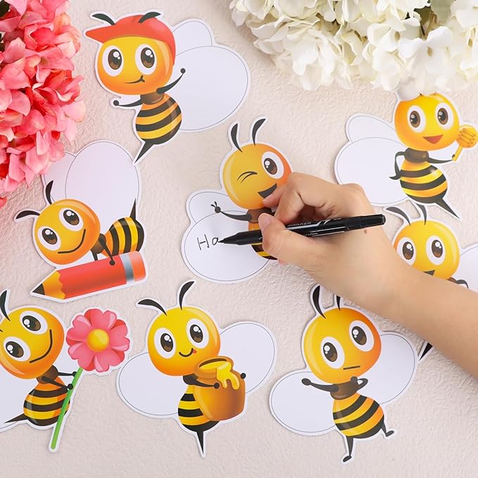 Vuzvuv 90Pcs 5In Bee Paper Cutouts with 180Pcs Glue Points,Bee Cut Outs Bulletin Board Decorations for Birthday Party Theme Decor Supplies