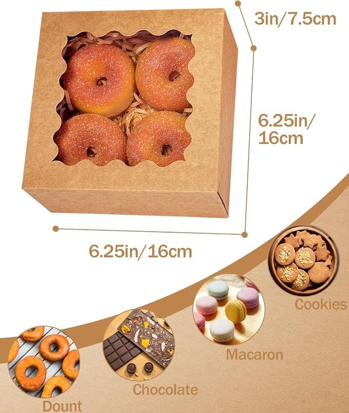 qiqee Auto-pop up Cookie Box with Window 6x6x3 Inch Brown 60Pcs Pastry Macaron Bakery Pie Box For Packaging