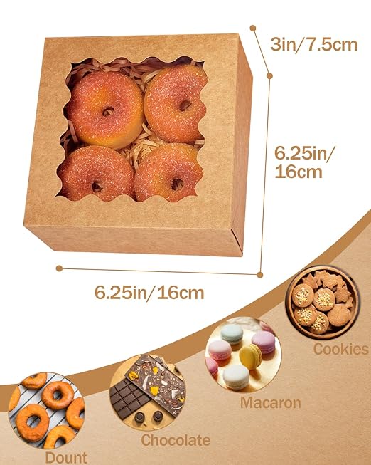 qiqee Auto-pop Up 240pcs Brown Bakery Box with Window 6"×6"×3" Macaron Boxes Small Donut Pastry Boxes for Party Mini Cookie Boxes
