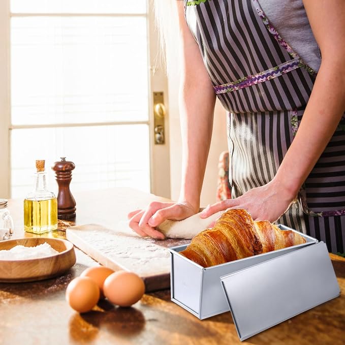 2 Pack Stainless Steel Pullman Loaf Pan with Lid, 13x4 Inch Large Capacity Pullman Loaf Pan With Lid, Non-Stick Pullman Bread Pan Bakeware Steel Bread Toast Box with Cover for Baking Bread Sandwich