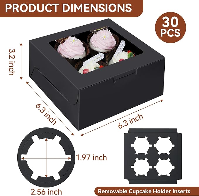 30-Set Cupcake Boxes Bulk with Clear Display Window Hold 4 Standard Cupcakes, Disposable Food Grade Black Cupcake Carrier Cupcake Container, Perfect for Cupcakes Muffins Cookies Pastries