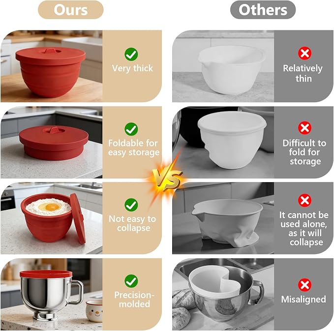Silicone Mixing Bowl Liners Compatible with KitchenAid 5Qt Tilt-Head Stand Mixer, Food Grade Collapsible Bowl Inserts with Airtight Lids, Foldable & Reusable Mixer Accessories for Baking，Red