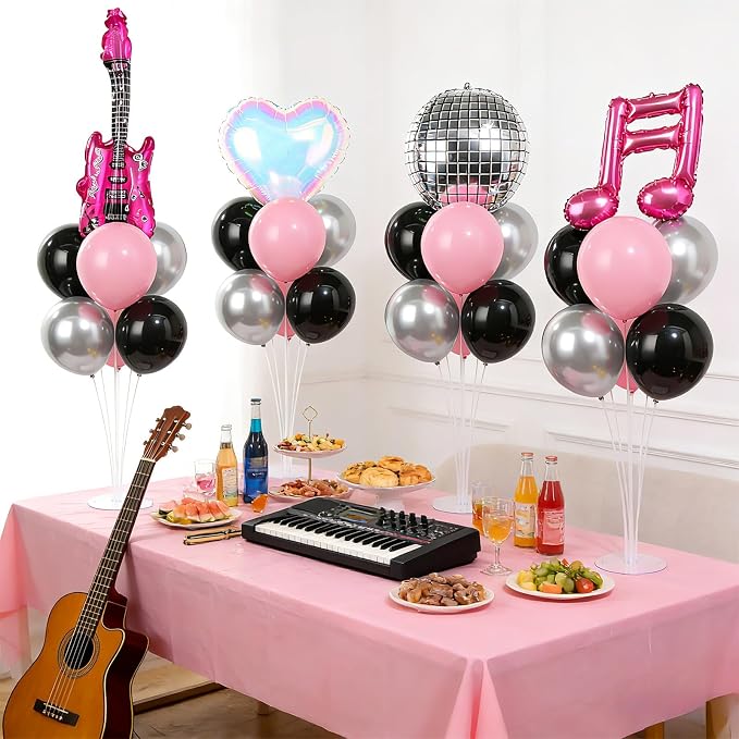4 Sets Music Party Balloons Stand Kit with Music Note Guitar Disco Ball Colorful Heart Foil Balloons Concert Party Balloon Centerpiece for Tables for Indoor Outdoor Birthday Kpop Decorations