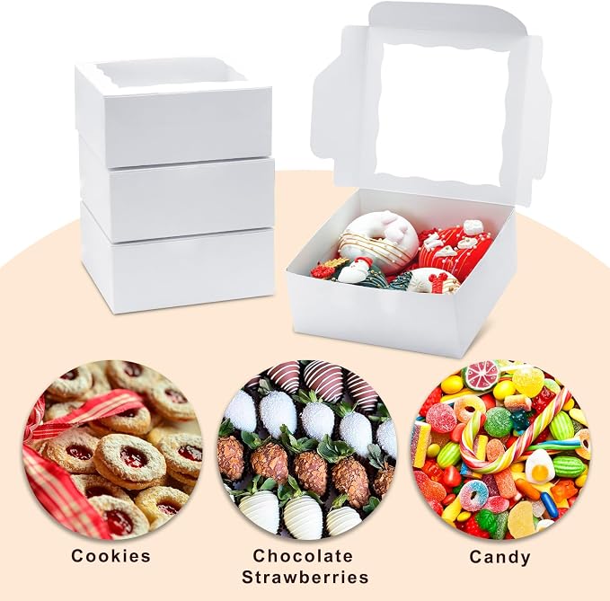 50pcs Cookie Boxes 6x6x2.5 Inch Bakery Boxes with window Chocolate Covered Strawberries Box Treat Box for Mini Cake Macaroon Dessert Pastry Muffins