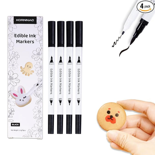 KORNNAC 4 pcs Black Edible Marker Pen Set | Fine Tip for Food Coloring, Frosting & Icing | 4 Pack of Black Food Safe Drawing & Paint Pens | paint pen