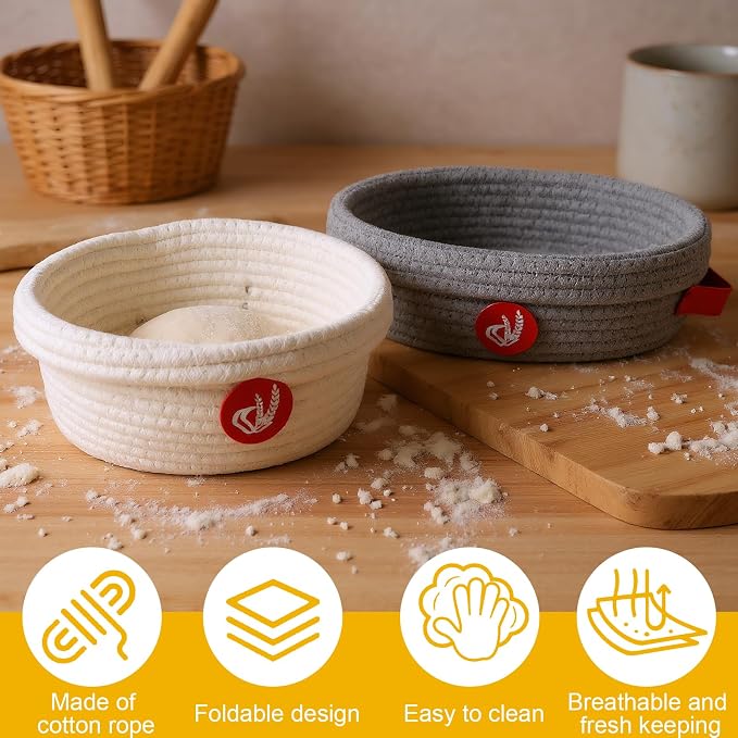 Banneton Bread Proofing Basket Set, Oval and Round Cotton Rope Sourdough Baskets with Fabric Liners, Proofing Bowls for Artisan Loaves and Home Baking