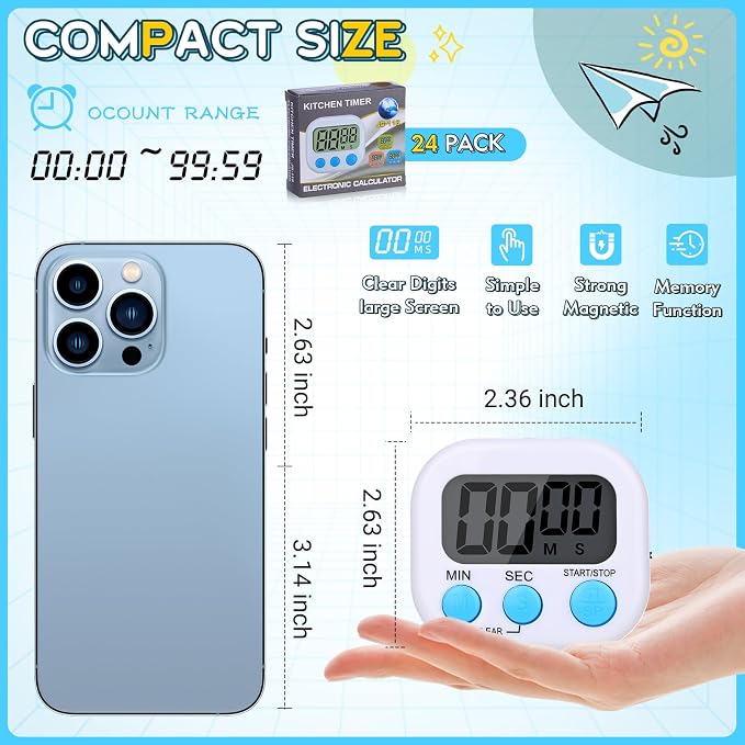 Mwellewm 24 Pcs Digital Timers for Classroom Kitchen Timers for Cooking Small Magnetic Stopwatch 6 Colors Mini Countdown Timer Loud Alarm Stop for Study Work Baking Sports Games Office Timer Clock